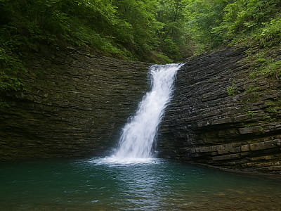 Манявский Нижний водопад высотой 3 м в Карпатах. Живописная ущелье, легенды, купание, фотосъемки и прогулки рядом с Манявским Скитом.