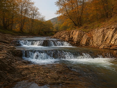Водопад Выженковские капризы в Выжнице: каскады высотой до 7,5 м среди скальных порогов, живописная река Выженка и возможность отдыха на природе.