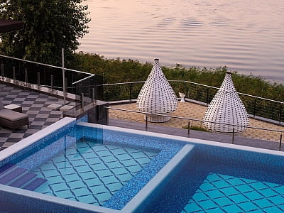 аквазона с лежаками и бунгало на берегу Днепра в загородном комплексе «Потоки Хауз» в живописном уголке Полтавщины, на берегу реки Днепр, в селе Каменные Потоки недалеко от Кременчуга.